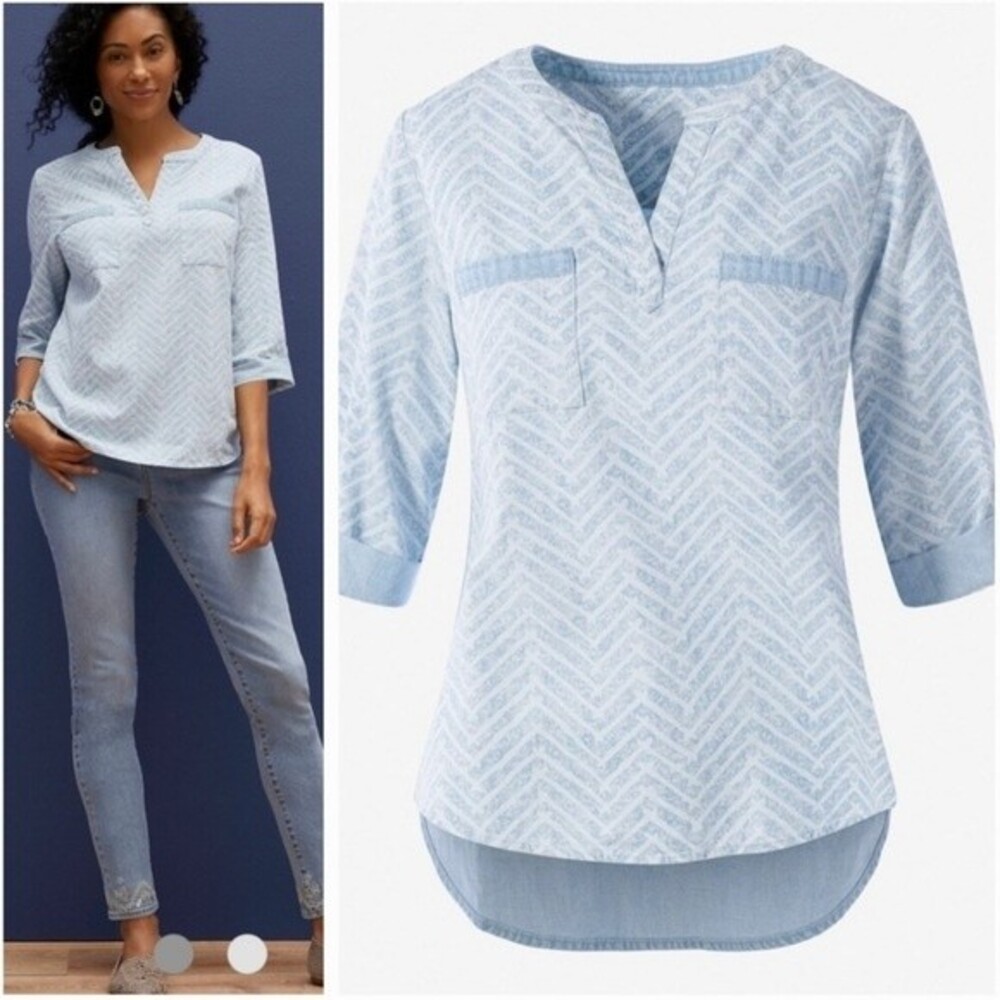 Chico's Blue White Chevron Mixed Chambray Popover Blouse Top Size 1 or M/8